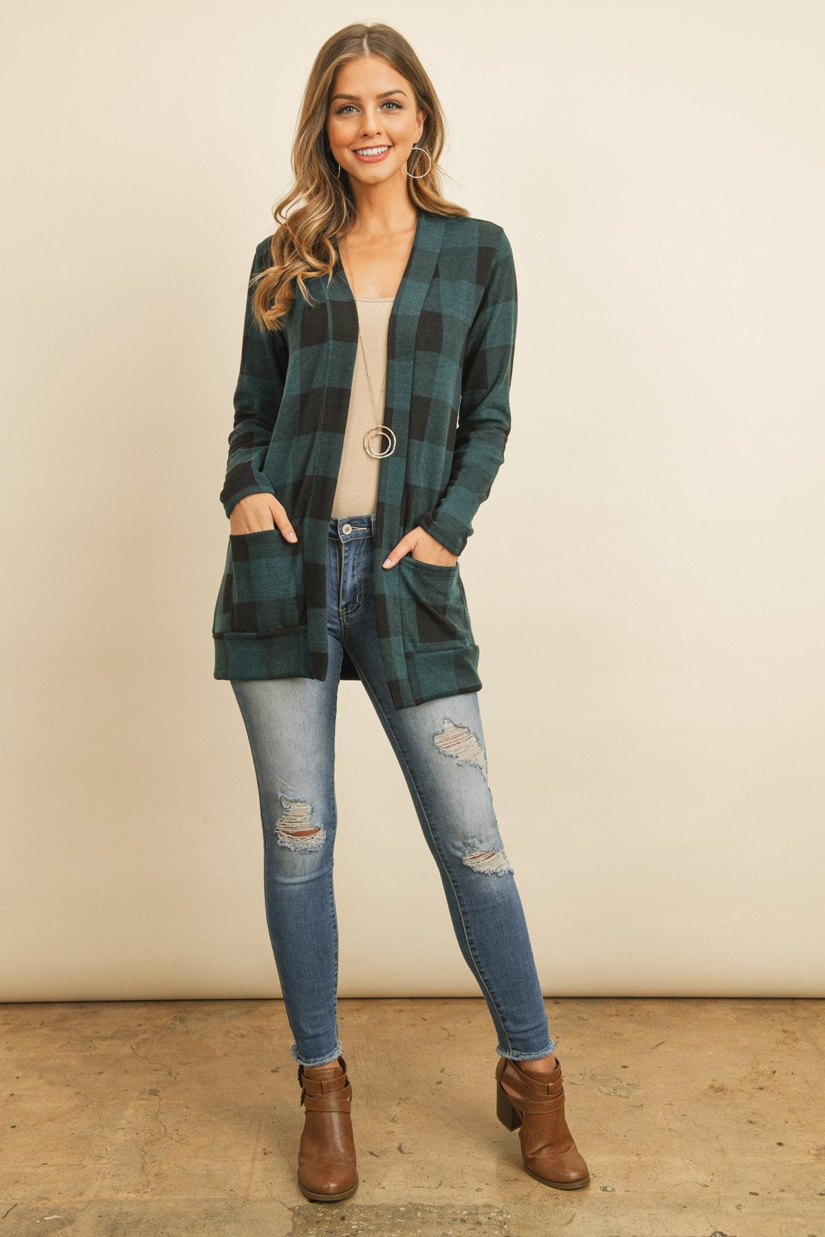 Plaid Long Sleeved Front Pocket Open Cardigan - DreamWeaversStore