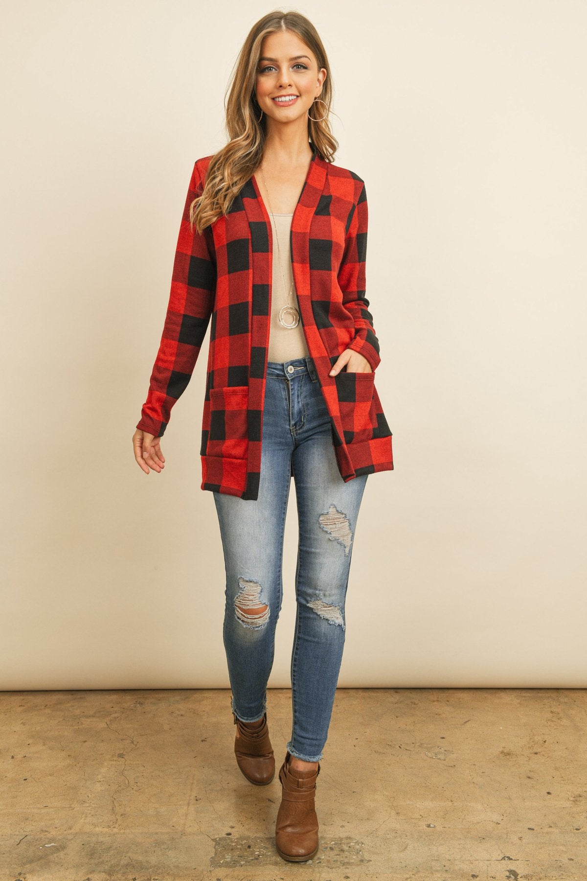 Plaid Long Sleeved Front Pocket Open Cardigan - DreamWeaversStore