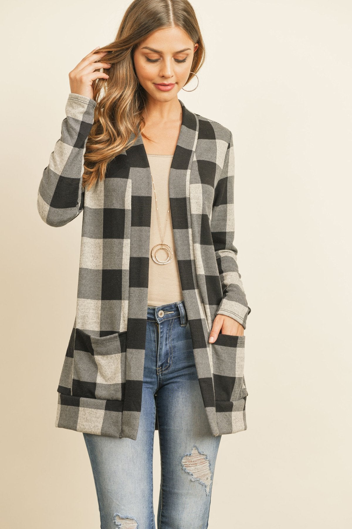 Plaid Long Sleeved Front Pocket Open Cardigan - DreamWeaversStore