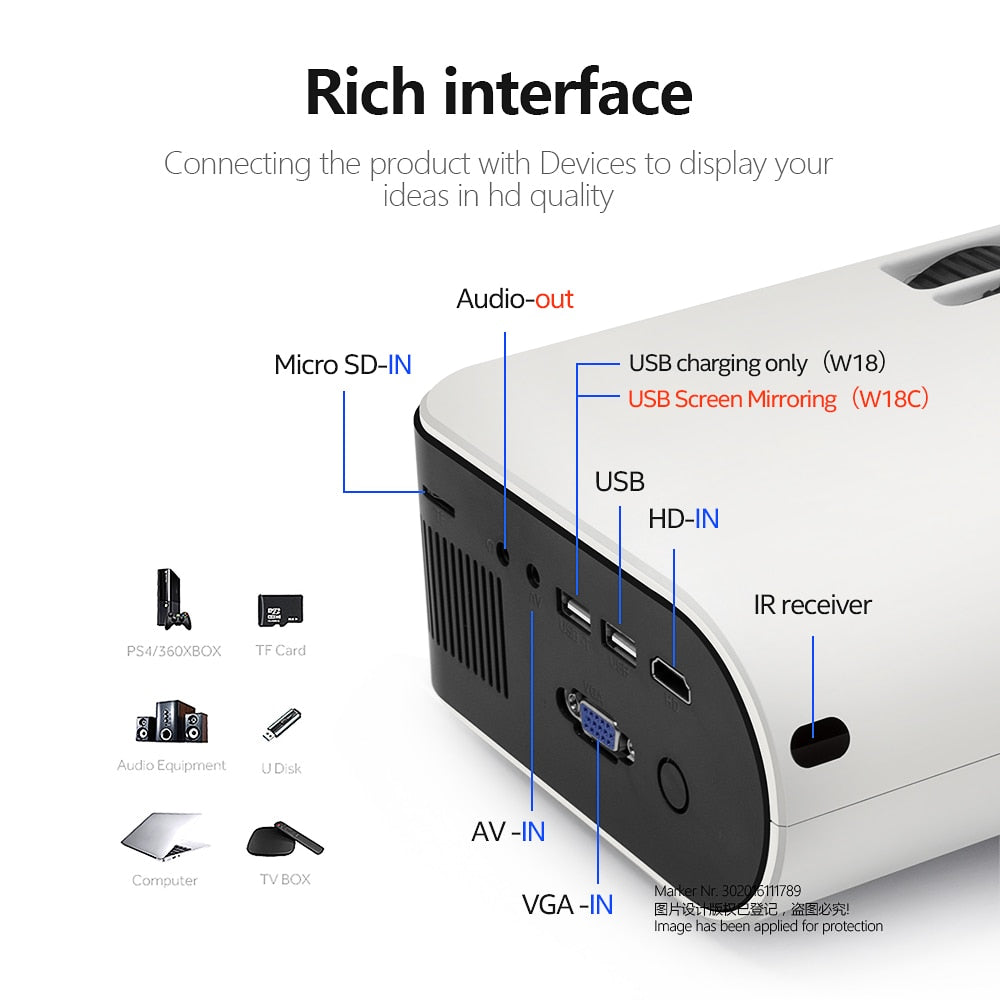 AUN MINI Projector W18, 2800 Lumens (Optional Android 6.0 wifi W18D), support Full HD 1080P LED Projector 3D Home Theater - DreamWeaversStore