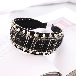 Woolen Plaid Pearl Knot Hairband Knotted Headband for Women Girls Hair Accessories - DreamWeaversStore