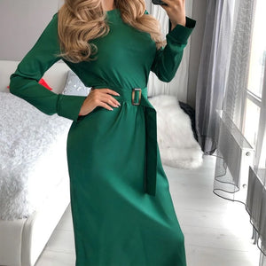 Women Summer Dress Satin Straight Midi Party Club Belt Long Dress Elegant Fashion Bandage Bodycon 2021 - DreamWeaversStore