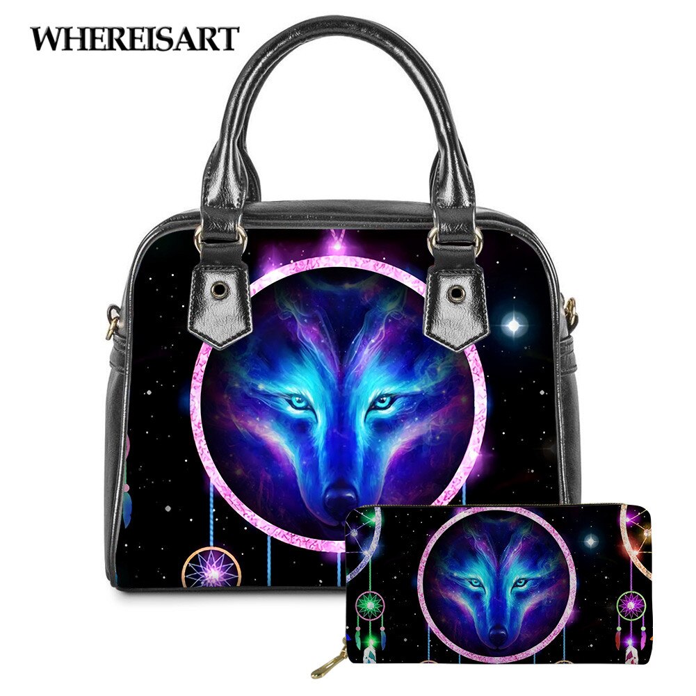 WHEREISART 2PCS Wolf Night Prints Women Shoulder/Messenger/Hand Bag Ladies Daily Top-handle Bag Tote Bag with Long Purse - DreamWeaversStore