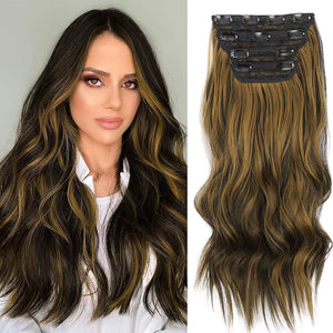 Lativ 4pcs/set Synthetic Long Wavy Hair Extensions Clip In Hair Extensions  Dark Brown Black Hairpiece High Temperature Fiber - DreamWeaversStore