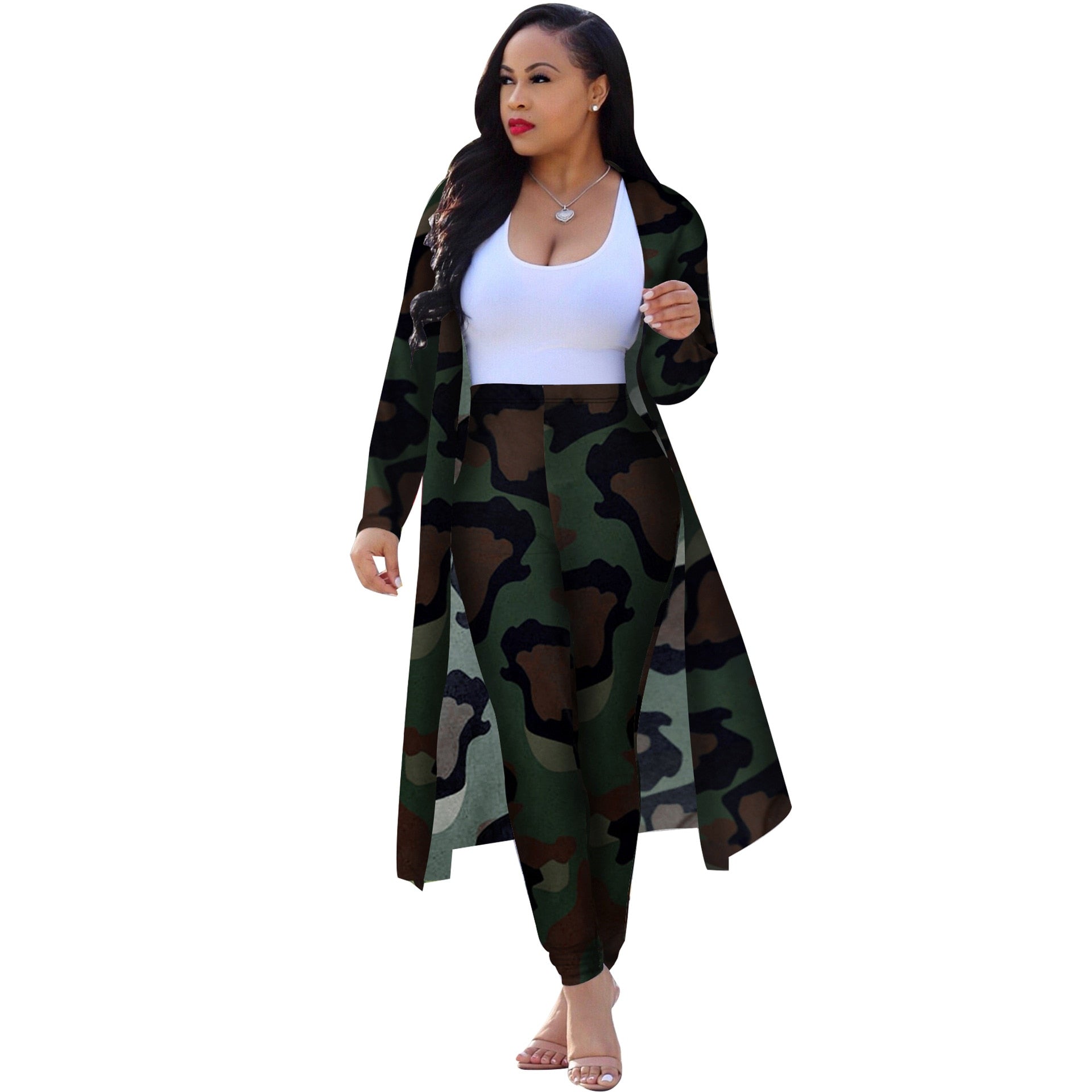 2 Piece Outfits for Women Printed Long Sleeves Coat and Full Length Pants Plus Size Two Piece Set - DreamWeaversStore