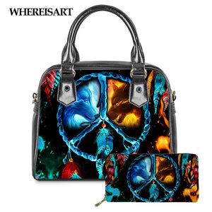 WHEREISART 2PCS Wolf Night Prints Women Shoulder/Messenger/Hand Bag Ladies Daily Top-handle Bag Tote Bag with Long Purse - DreamWeaversStore