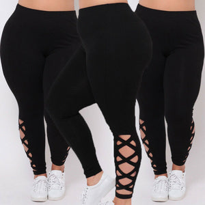 Plus Size Fashion Women Ripped Plaid Panel Leggings Casual Elastic Waist Straight Pencil Pants Fitted Leggins Mujer Hollow Out - DreamWeaversStore