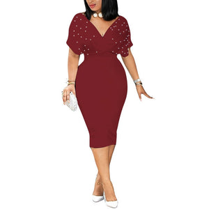 Summer Dress Sexy V Neck Tunic High Waist Beading Short Sleeve Ladies Red White Bodycon Plus Size Party Club Midi Dress - DreamWeaversStore