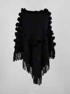 Fitshinling Fringe Hairball Bohemian Cloak Cape Oversized Sweater Female Knitwear Winter Clothing Irregular Poncho Women 2021 - DreamWeaversStore