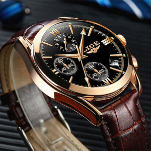 2022 LIGE New Fashion Mens Watches Top Brand Luxury Military Quartz Watch Premium Leather Waterproof Sport Chronograph Watch Men - DreamWeaversStore