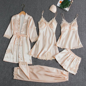 Sleepwear Female 5PCS Pajamas Set Satin Pyjamamas Lace Patchwork Bridal Wedding Nightwear Rayon Home Wear Nighty&Robe Suit - DreamWeaversStore