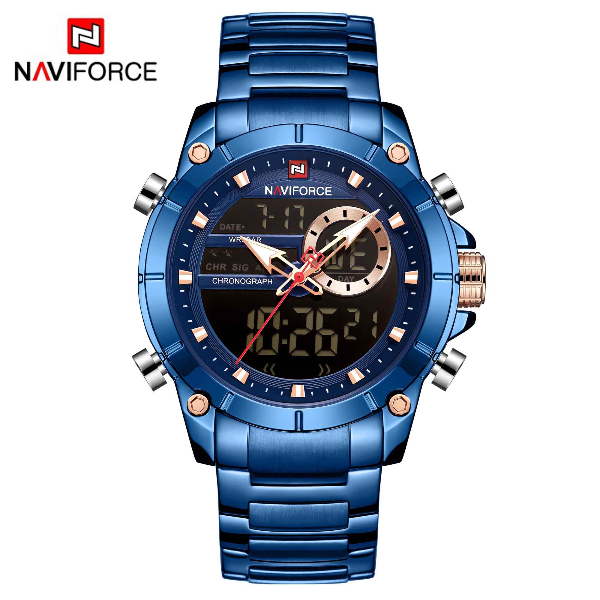 NAVIFORCE Men Military Sport Wrist Watch Gold Quartz Steel Waterproof Dual Display Male Clock Watches Relogio Masculino 9163 - DreamWeaversStore