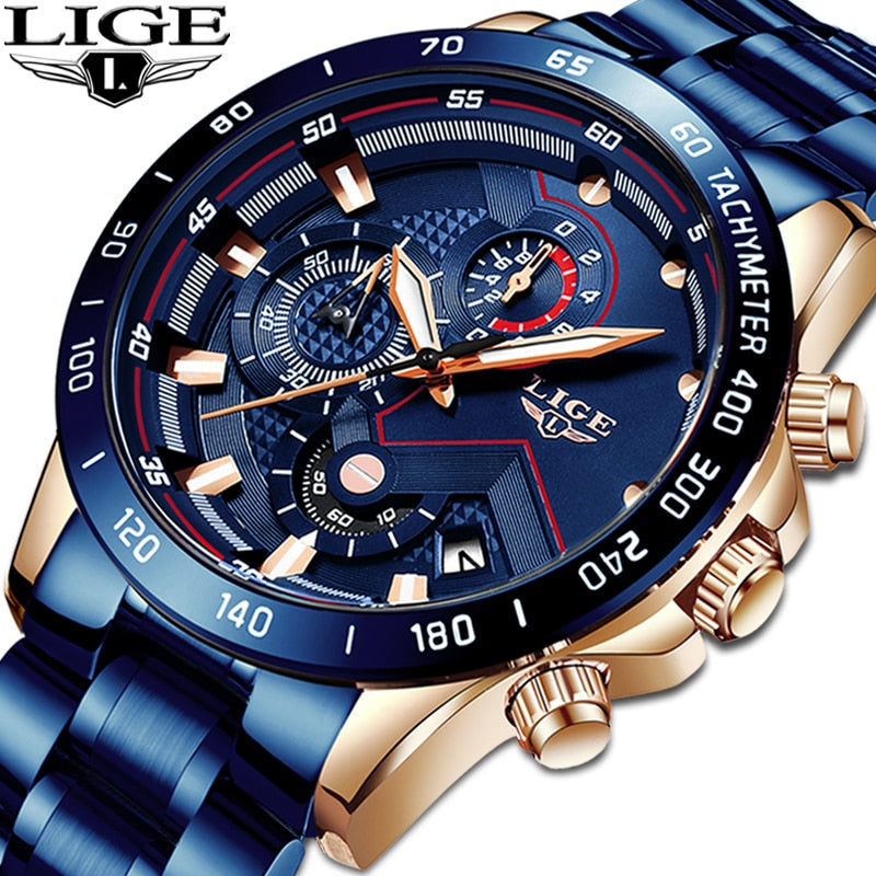 LIGE Business Men Watch Luxury Brand Blue Stainless Steel Wrist Watch Chronograph Army Military Quartz Watches Relogio Masculino - DreamWeaversStore