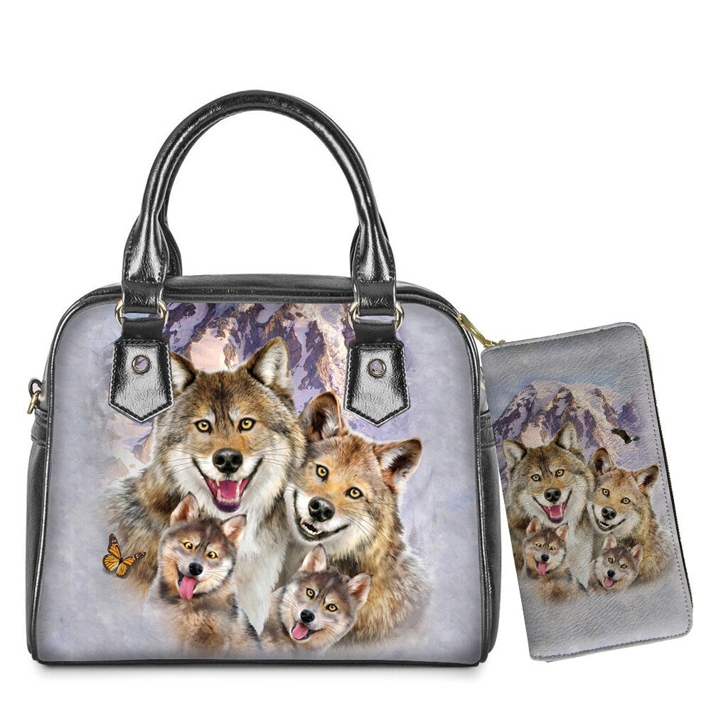 WHEREISART 2PCS Wolf Night Prints Women Shoulder/Messenger/Hand Bag Ladies Daily Top-handle Bag Tote Bag with Long Purse - DreamWeaversStore