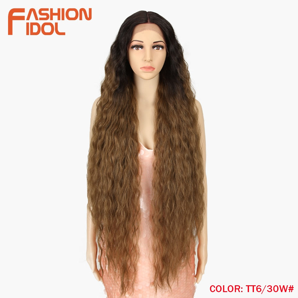 FASHION IDOL 42&quot; Loose Wave Fake Hair Synthetic Wigs For Black Women Ombre Blonde Water Wavy Long Curly Hair Lace Wig Cosplay - DreamWeaversStore