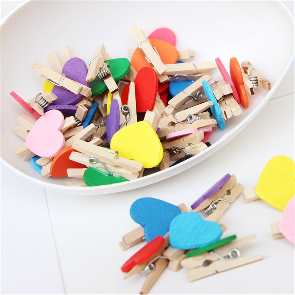 50pcs/lot Red Heart Love Wooden Clothes Photo Paper Peg Pin Mini Clothespin Postcard Clips Home Wedding Decoration Stationery - DreamWeaversStore