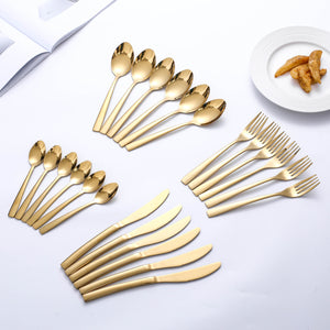 24PCS Tableware Gold Cutlery Set Dishes Dinnerware Set Knives Forks Spoons Western Kitchen 18/10 Stainless Steel Dinner Gift - DreamWeaversStore