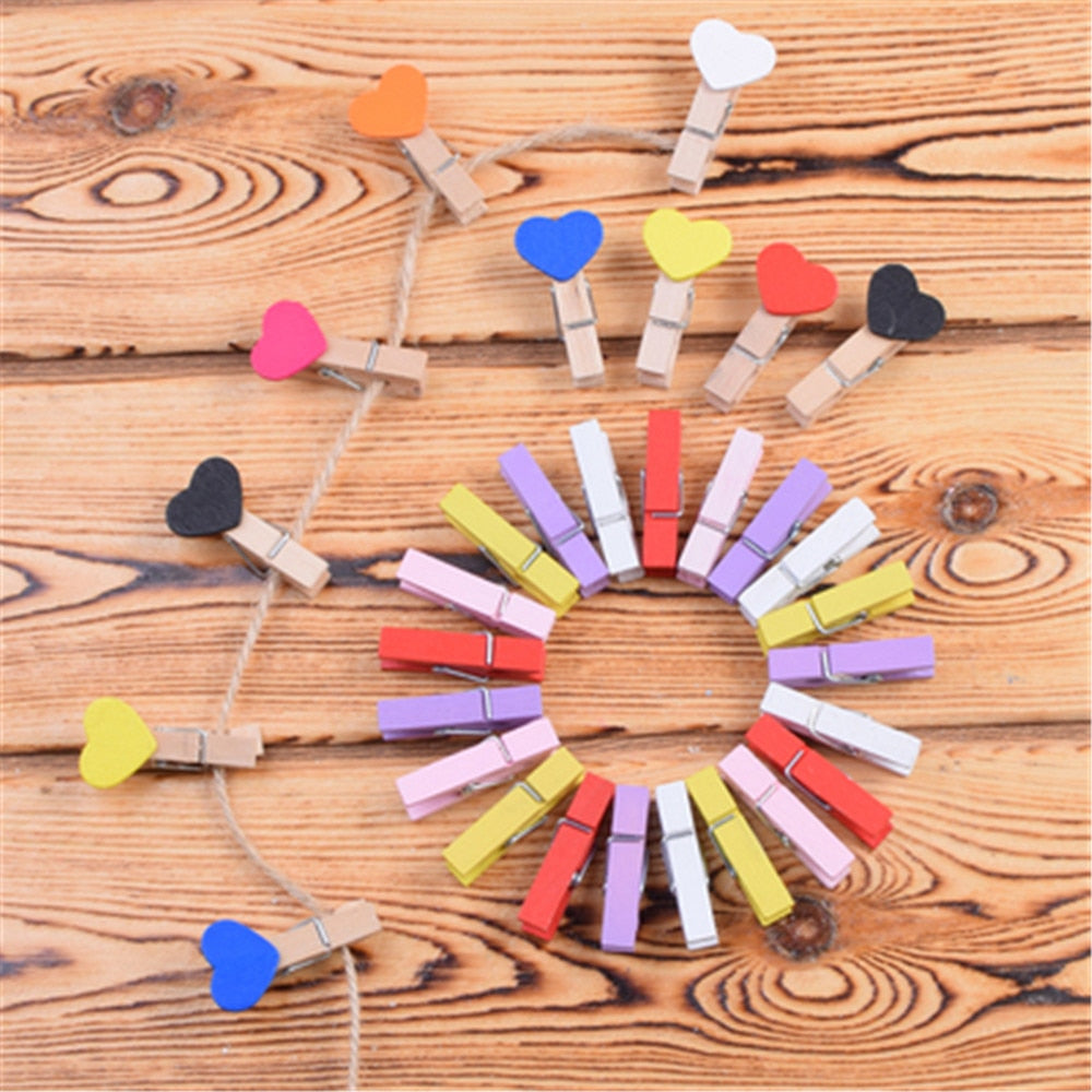 50pcs/lot Red Heart Love Wooden Clothes Photo Paper Peg Pin Mini Clothespin Postcard Clips Home Wedding Decoration Stationery - DreamWeaversStore