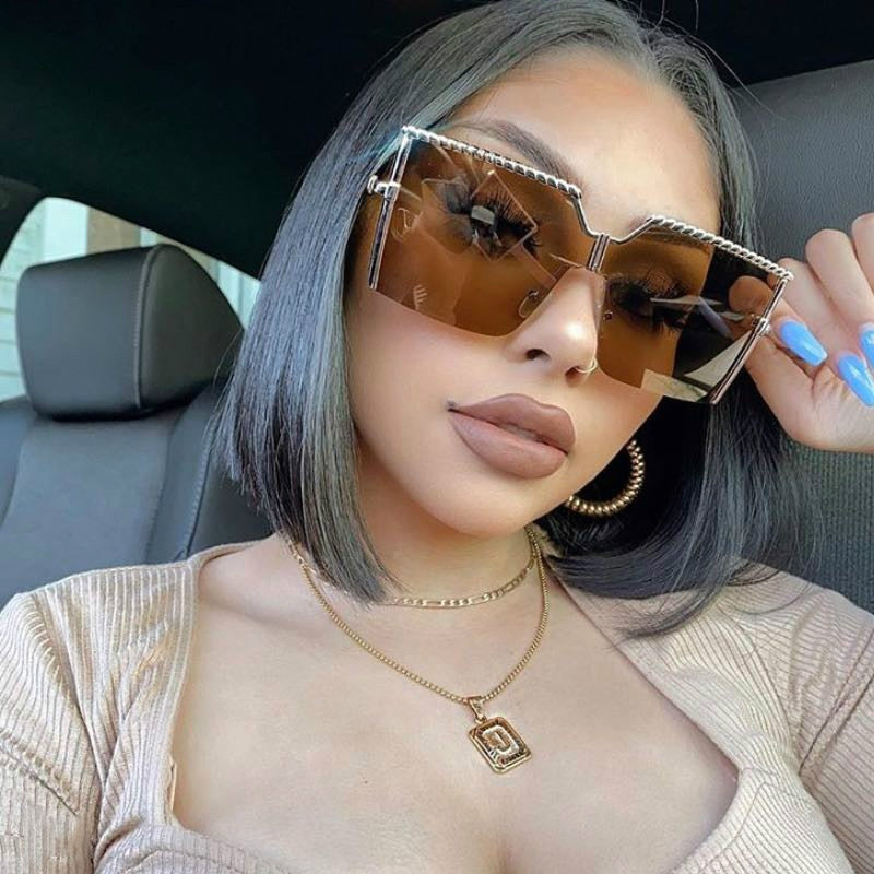 Oversized Square Sunglasses Women Luxury Brand Vintage Alloy Frame Sun Glasses Clear Lens One Piece Rimless Eyewear Shade bulk - DreamWeaversStore