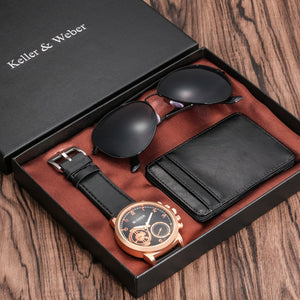 Luxury Rose Gold Men&#39;s Watch Leather Card Credit Holder Wallet Fashion Sunglasses Sets for Men Unique Gift for Boyfriend Husband - DreamWeaversStore