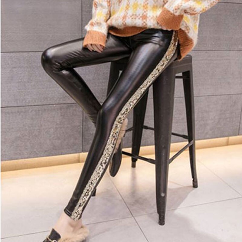 2019 New Side Sequins Feet Pants PU Leather Pants Women Autumn Winter High Waist Elastic Slim Plus Velvet Women pantalones mujer - DreamWeaversStore