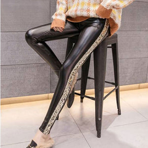 2019 New Side Sequins Feet Pants PU Leather Pants Women Autumn Winter High Waist Elastic Slim Plus Velvet Women pantalones mujer - DreamWeaversStore