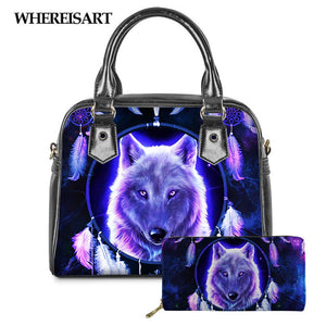 WHEREISART 2PCS Wolf Night Prints Women Shoulder/Messenger/Hand Bag Ladies Daily Top-handle Bag Tote Bag with Long Purse - DreamWeaversStore