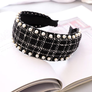 Woolen Plaid Pearl Knot Hairband Knotted Headband for Women Girls Hair Accessories - DreamWeaversStore