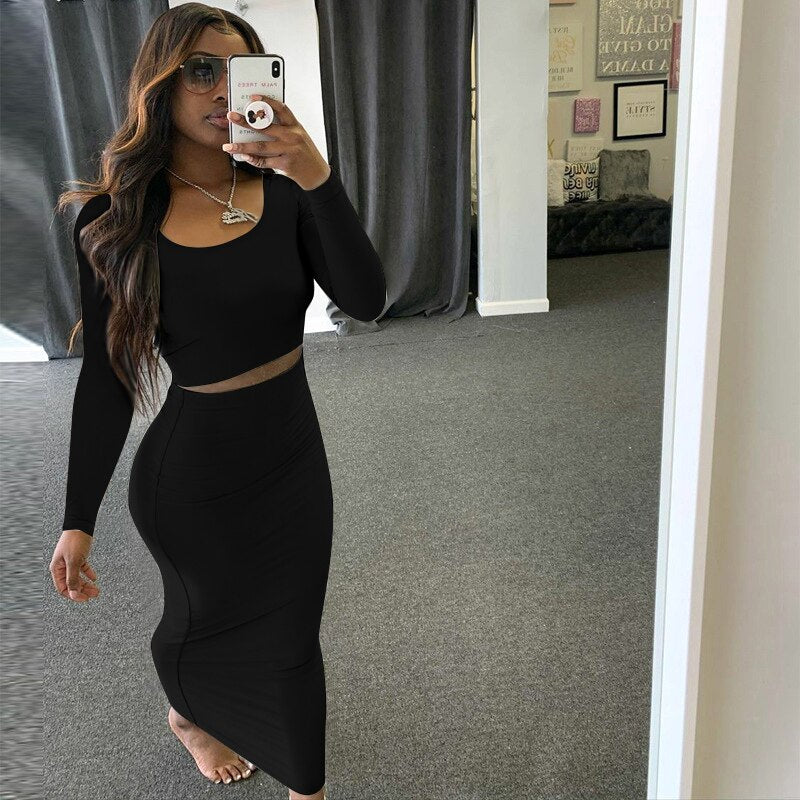 wsevypo Autumn Women Two-piece Clothes Set Solid Color Long Sleeve Pullover Crop Tops and High Waist Maxi Bodycon Skirts - DreamWeaversStore