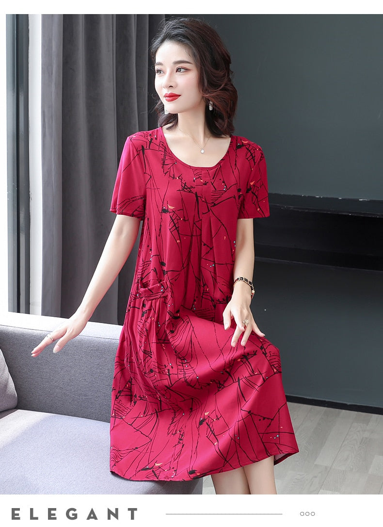 Summer Retro Print Women short Sleeve cotton plus size Dress Ladies Large Size Holiday Beach Vestidos - DreamWeaversStore