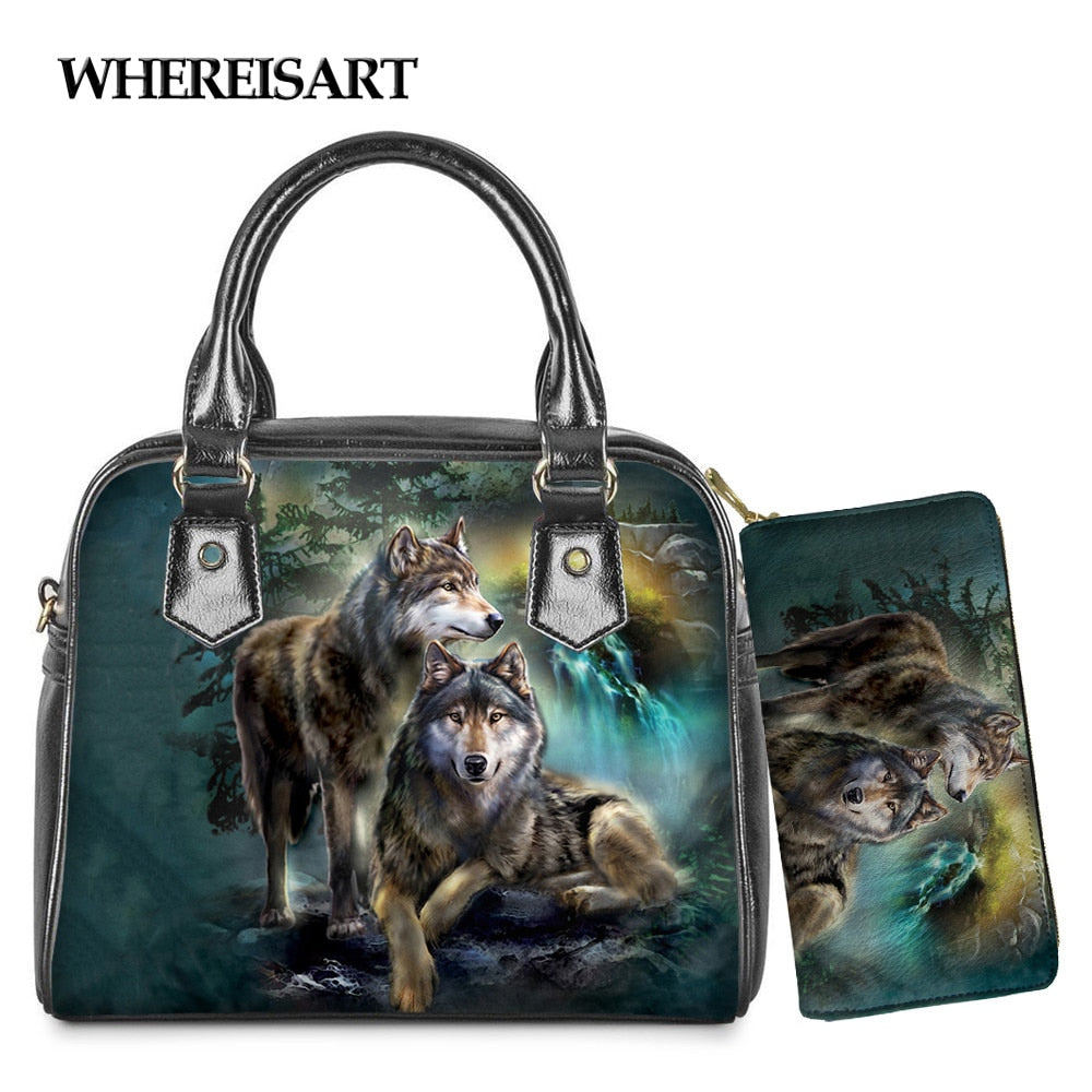 WHEREISART 2PCS Wolf Night Prints Women Shoulder/Messenger/Hand Bag Ladies Daily Top-handle Bag Tote Bag with Long Purse - DreamWeaversStore