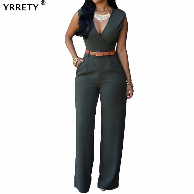 YRRETY Women Jumpsuits And Rompers Solid Bodycon Long Skinny V-Neck Sleeveless Belt Workout Overalls Sportswear Fashion Basic - DreamWeaversStore