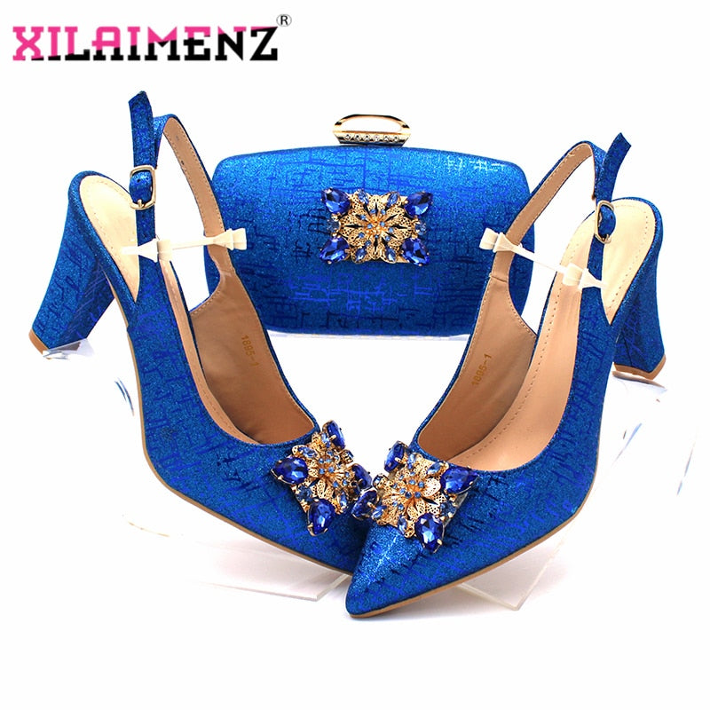 Classics African Women Royal Wedding Party Shoes and Bag to Match with Shinning Crystal in Royal Blue Color Italian Style Set - DreamWeaversStore