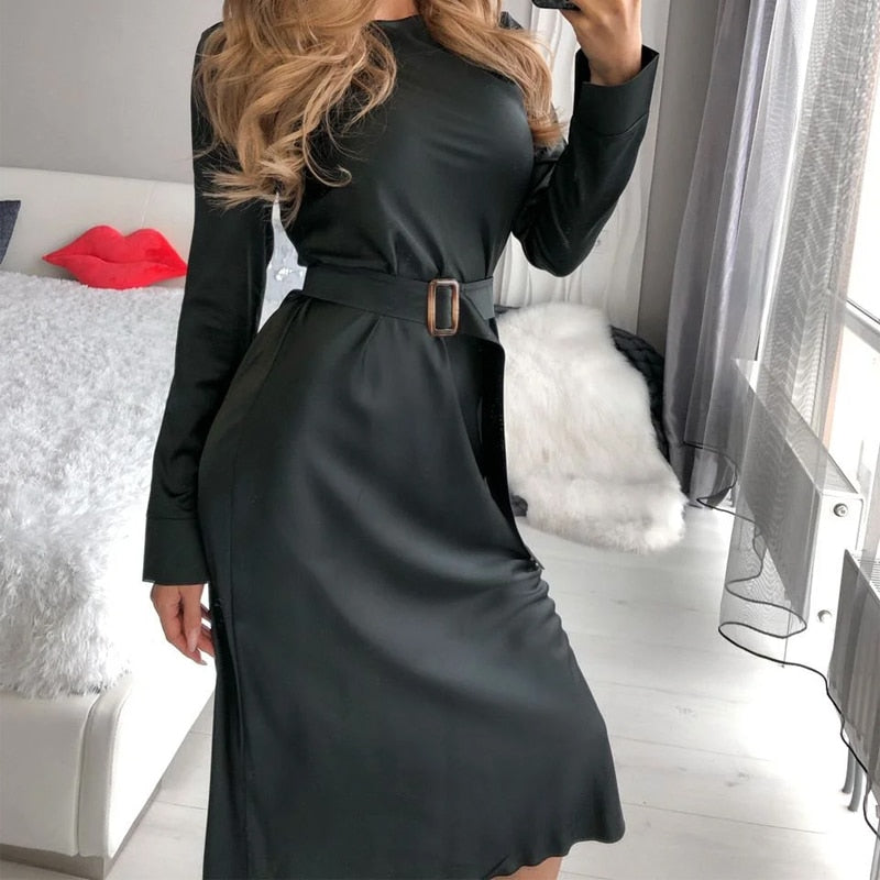 Fashion Satin Midi Women Dress Long Sleeve o Neck Belt Bodycon Slim Sexy Party Cub Long Dress 2020 High Waist Elegant Dress - DreamWeaversStore