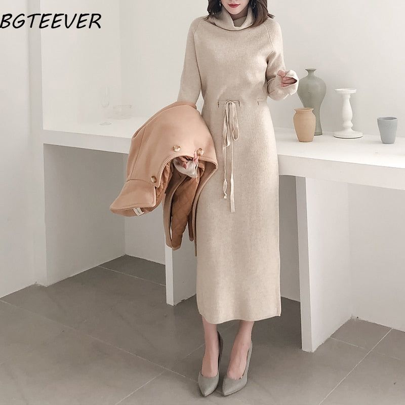 Winter Thicken Turtleneck Sweater Dress Women Lace Up Knitted Long Dress Female Knitwear Soft Vestidos 2021 high quality - DreamWeaversStore