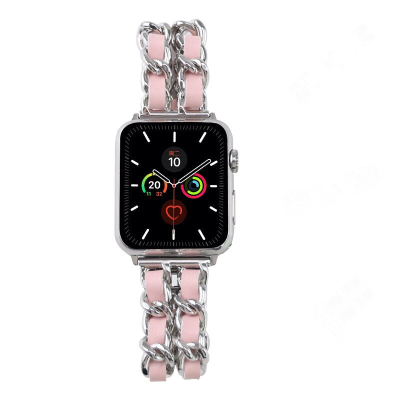 Strap For Apple Watch Series 7 41mm 45mm Chain Link Leather Bracelet For Apple Watch Band 42mm 44mm 40mm 38mm Watchband SE 6 5 4 - DreamWeaversStore