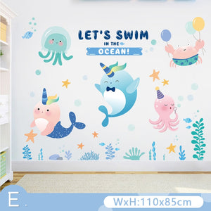 Waterproof Cartoon Underwater Animal World Wall Stickers for Kids room Bathroom Bedroom Vinyl Wall Decals Removable Murals Decor - DreamWeaversStore