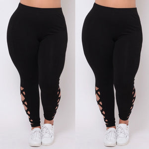 Plus Size Fashion Women Ripped Plaid Panel Leggings Casual Elastic Waist Straight Pencil Pants Fitted Leggins Mujer Hollow Out - DreamWeaversStore