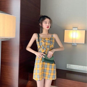 Sleeveless Dress Women Plaid High Waist A-line Kawaii Simple Casual Slim Streetwear Sweet Hot Sale Elegant Womens Summer Sexy - DreamWeaversStore