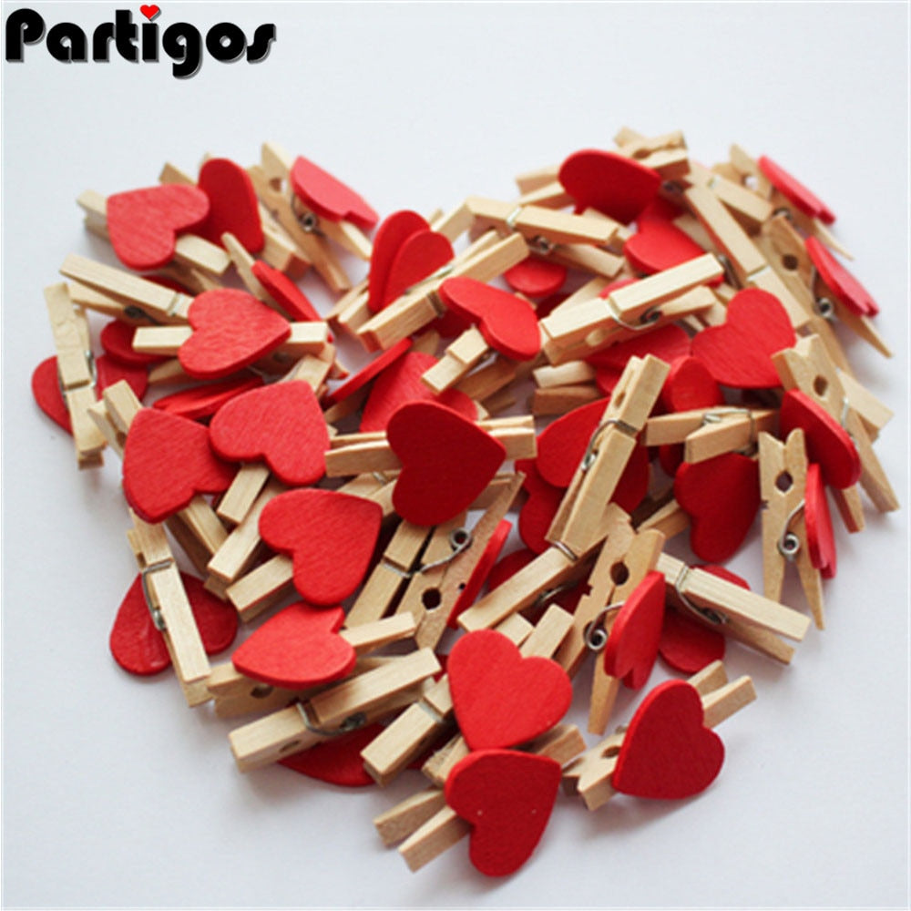 50pcs/lot Red Heart Love Wooden Clothes Photo Paper Peg Pin Mini Clothespin Postcard Clips Home Wedding Decoration Stationery - DreamWeaversStore