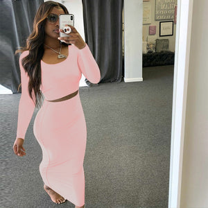 wsevypo Autumn Women Two-piece Clothes Set Solid Color Long Sleeve Pullover Crop Tops and High Waist Maxi Bodycon Skirts - DreamWeaversStore