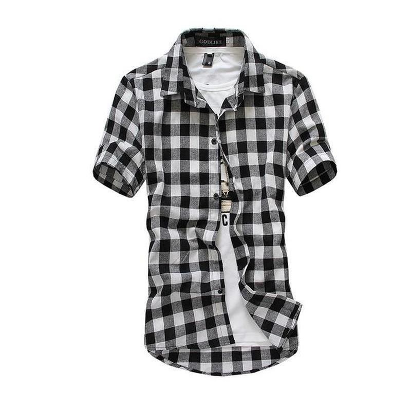 Mens Check Shirt Flannel Brushed Cotton Short Sleeves Casual Slim Fit Top Plus Size - DreamWeaversStore