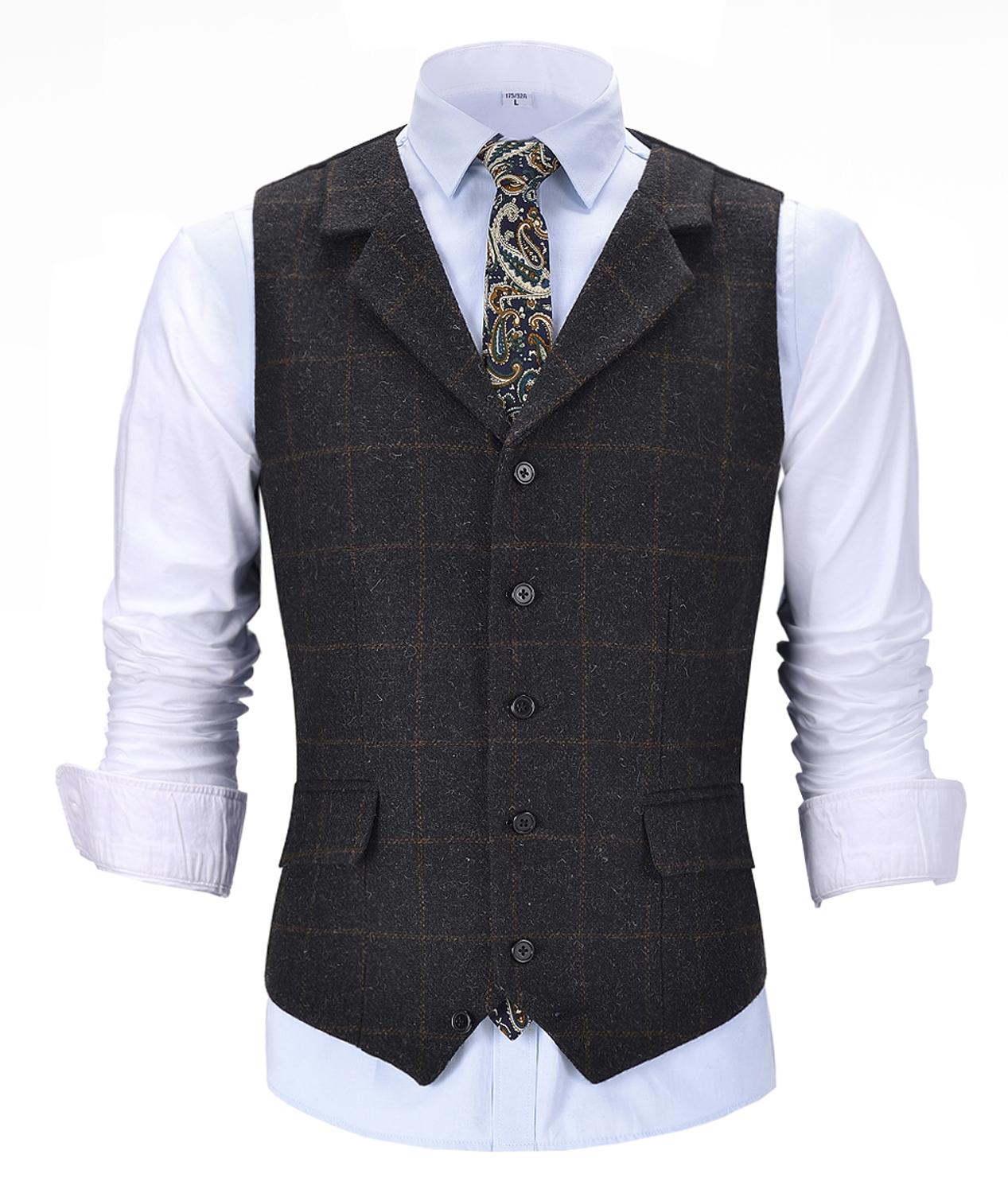 Casual Gentleman Men's Army Green Vest Plaid Soft Wool Brown Jacket Tweed Business Waistcoat For Groosmen Best Man Wedding - DreamWeaversStore