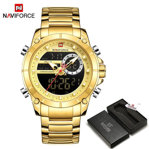 NAVIFORCE Men Military Sport Wrist Watch Gold Quartz Steel Waterproof Dual Display Male Clock Watches Relogio Masculino 9163 - DreamWeaversStore