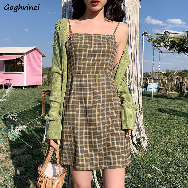 Sleeveless Dress Women Plaid High Waist A-line Kawaii Simple Casual Slim Streetwear Sweet Hot Sale Elegant Womens Summer Sexy - DreamWeaversStore