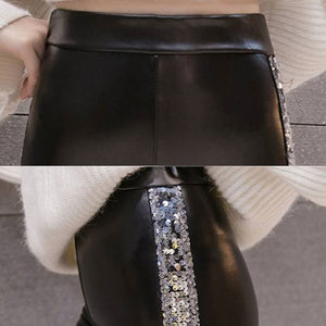 2019 New Side Sequins Feet Pants PU Leather Pants Women Autumn Winter High Waist Elastic Slim Plus Velvet Women pantalones mujer - DreamWeaversStore