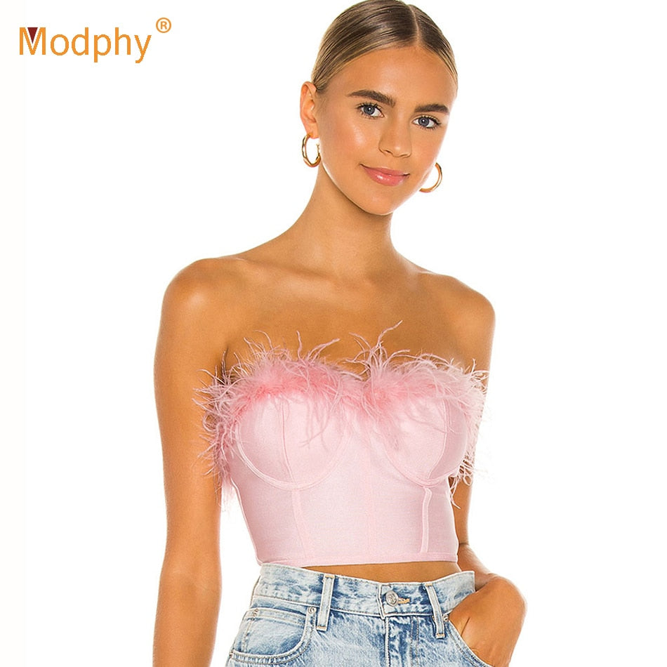 2021 New Summer High Quality Fashion Feather Strapless Black And White Bandage Top Night Club Short Top - DreamWeaversStore