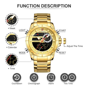 NAVIFORCE Men Military Sport Wrist Watch Gold Quartz Steel Waterproof Dual Display Male Clock Watches Relogio Masculino 9163 - DreamWeaversStore