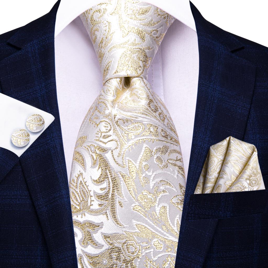 Hi-Tie Champagne Gold Striped Paisley Solid Men Silk Wedding Tie Fashion Design Necktie For Men Hanky Cufflink Business Party - DreamWeaversStore