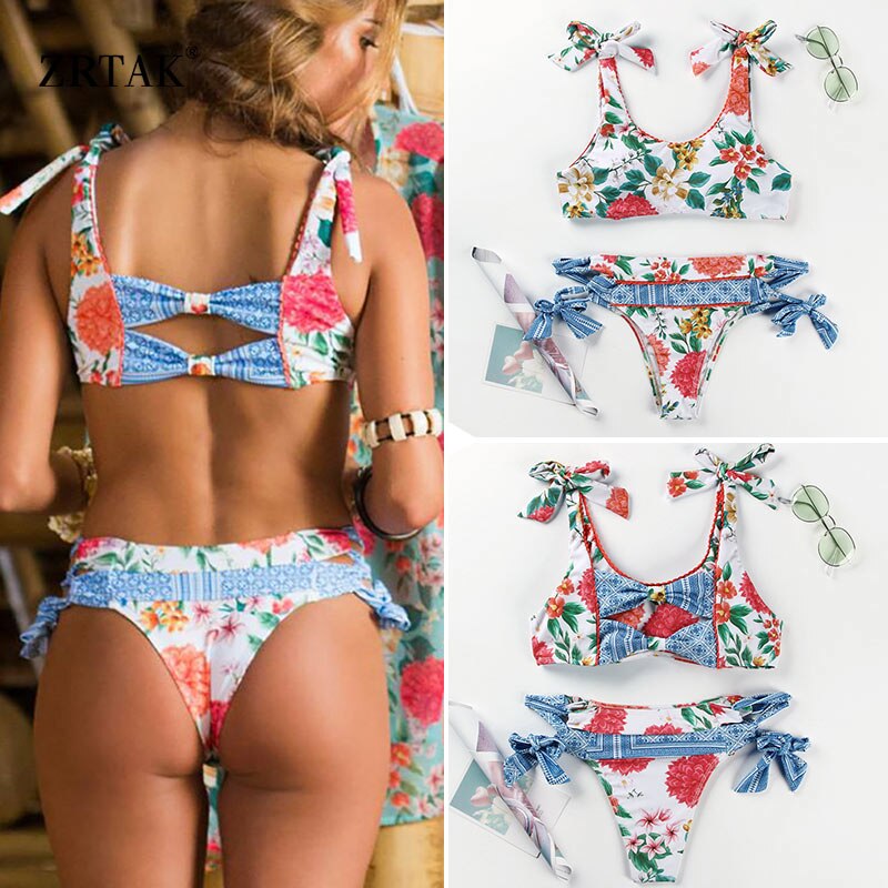 Zrtak Ruffle Bikini Floral Print Swimsuit Biquinis Feminino Bow Swimwear Lace Bikini Set Bathing Suit Women Bikins Hollow Out - DreamWeaversStore